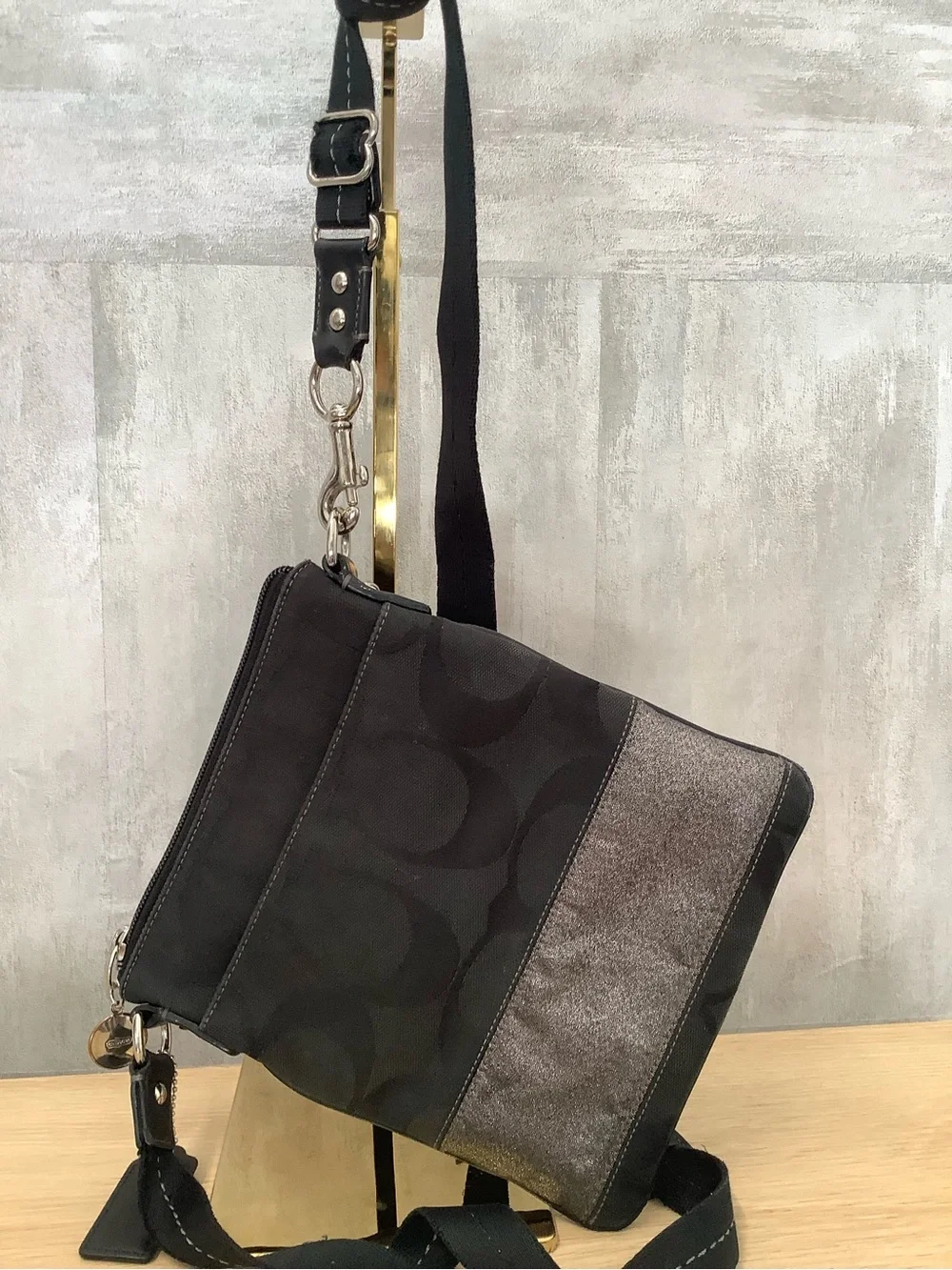 Coach Black Signature Messenger with Metallic Accent